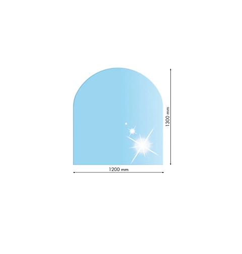Sklo pod kachle oblúk 120x130cm, fazeta 20mm, hrúbka 8mm, kalené sklo