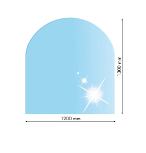 Sklo pod kachle oblúk 120x130cm, fazeta 20mm, hrúbka 8mm, kalené sklo