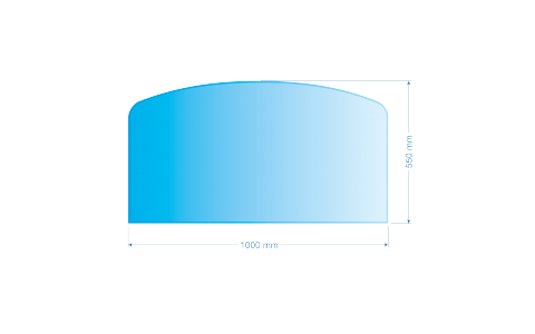 Sklo pod kachle skosený oblúk, 100x55cm, fazeta, hrúbka 6mm, kalené sklo