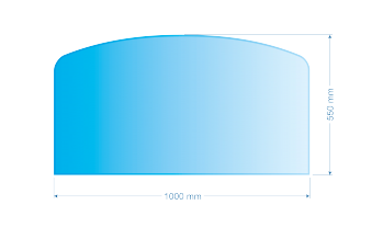 Sklo pod kachle skosený oblúk, 100x55cm, fazeta, hrúbka 6mm, kalené sklo