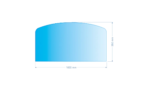 Sklo pod kachle skosený oblúk, 100x55cm, fazeta, hrúbka 6mm, kalené sklo